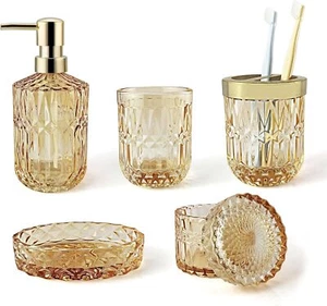 5Pcs Clear Gold Bathroom Accessories Dispenser Dish Tumbler Jars brush Holder - Picture 1 of 6