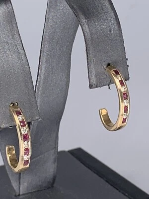 Diamond & Ruby .36Ct.Tw. Round J-Hoop Earrings in 14K Yellow Gold - Image 1 of 4