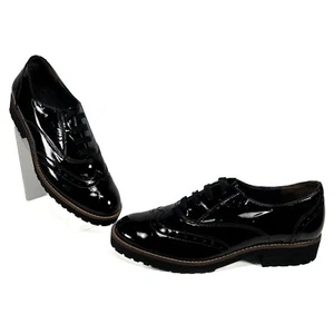 Paul Green UK 5.5 US 7.5 Black Patent Leather Wingtip Oxford Shoes Lug Sole Rare - Picture 1 of 15