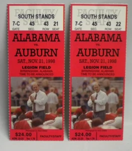 Lot of 2 1998 Alabama Crimson Tide Auburn Tigers Football Ticket Authentic Iron - Picture 1 of 3