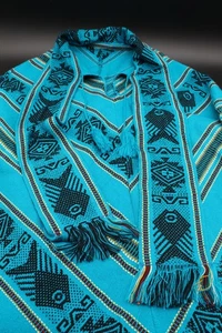 Vintage Aztec Design Knit Poncho Cape with Shawl & Fringe - Picture 1 of 6