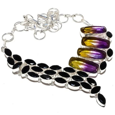 Collar De Joyería De Plata Esterlina 925 Hecho A Mano Con Ametrina Y Ónix 18" - Imagen 1 de 4