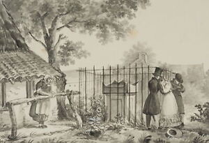 K. HOOG (19.Jhd), Trauernde Figurengruppe, um 1840, Pinsel Realismus Stadtbilder