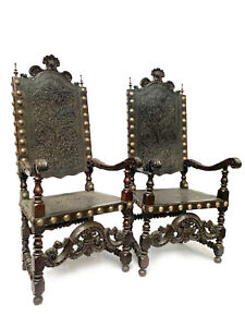 Magnificent Pair of Spanish Renaissance High Back Cordoba Leather Walnut Chairs