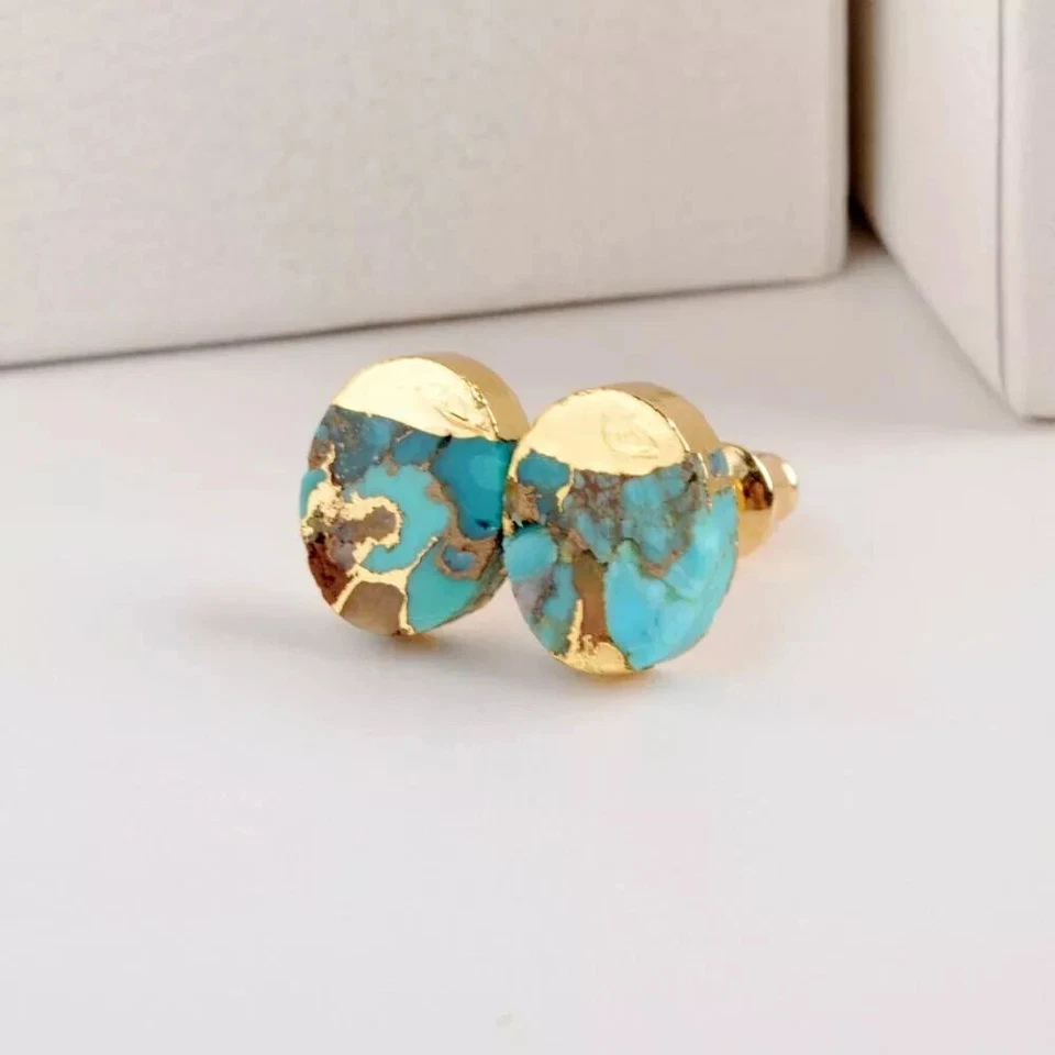 Genuine Turquoise Gold Plated Women Healing Reiki Dainty Oval Stud Earrings Gift - Image 1 of 3