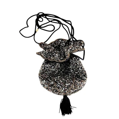 Vintaged Beaded Evening Blac Black Silk Drawstring Crossbody Purse - Image 1 of 4