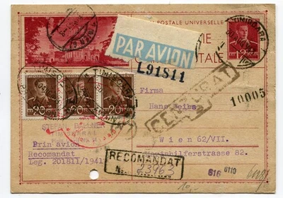 Romania  1943 WWII airmail Registered uprated pc,TIMISOARA multiple censorships - Image 1 of 2