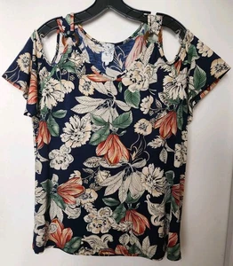 Naif Damen Top Bluse Blumenmuster dunkelblau Cold Shoulder XL - Bild 1 von 3