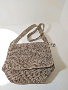 THE SAK Clutch Crochet Purse Brown Gold Crossbody Bag Zip Flap Pocket Bag Charm - Picture 1 of 7