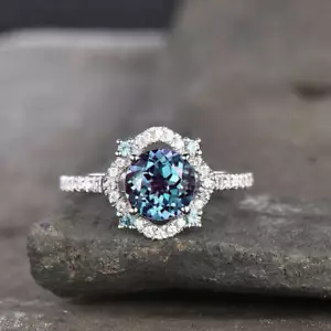 3Ct Round Simulated Alexandrite Halo Women's Ring 14k White Gold Plated Silver - Picture 1 of 5