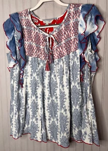 John Mark Women TOP XL Boho Blue Red Embroidered Ruffle Tassles Unique Designer - Picture 1 of 13