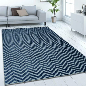 Navy Blue Rug Chevron Zig Zag Tufted Pattern Large XL Small Woven Carpet Rug Mat - Picture 1 of 20