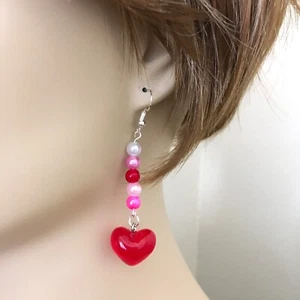 Handmade Valentine's Pearl And Heart Dangle Earrings - Unique Fashion Earrings - Picture 1 of 3