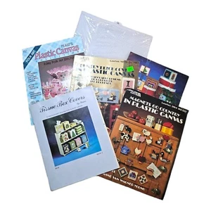 Lot 5 Plastic Canvas Pattern Books VTG Tissue Covers,fridgies,doorstops+5 Sheets - Picture 1 of 9