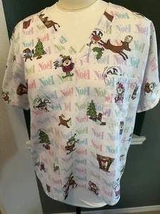 Women’s Simply Basic Christmas Noel Elves Scrub Top Large - Picture 1 of 5