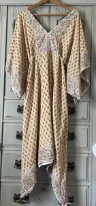Boho Maxi Dress Pink Floral Block Print Cotton Beaded Hippy Wide Sleeve UK 14/16 - Picture 1 of 7