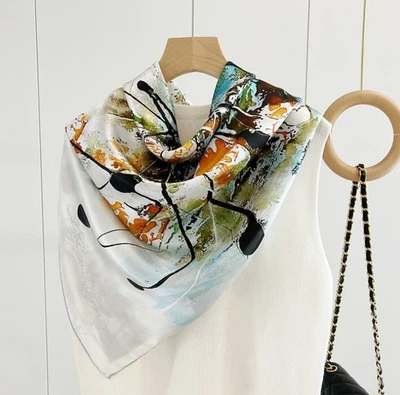 100% Silk Plain satin Scarf Bandanna Square Shawl white Flower Print Wrap 43" - Image 1 of 4