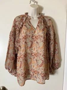 Entro SZ M Blouse Lined Floral Print Lurex Stripe Ruffle Slit V Neck 3/4 Sleeve - Picture 1 of 9