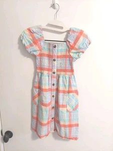 Girls Size 10/12 Dress Cotton Sleeves Colorful Pastel Plaid Pockets Buttons - Picture 1 of 2