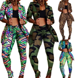 NEW Stylish Women's Long Sleeves Printed Casual Long Jumpsuit2pcs Clubwear Party - Picture 1 of 16