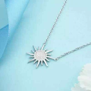 1Ct Round Lab Created Diamond Sun Pendant 14K White Gold Plated Free Chain - Picture 1 of 2