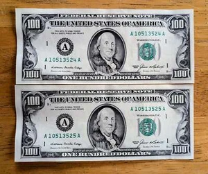 Pair of 1985 100 Dollar Federal Reserve Notes - Consecutive Serial Numbers - 198 - Picture 1 of 2