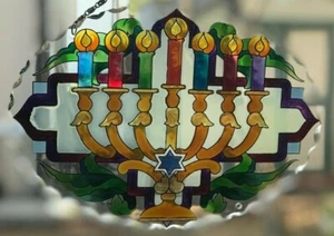 Joan Baker Jewish Holiday art glass Suncatcher-SFS1034-Menorah Happy Hanukkah - Picture 1 of 1