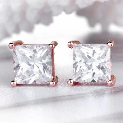 Bonitos Nuevos Pendientes de Oro Rosa de 18k Rellenos Corte Princesa Blanco Transparente 7mm Circonita Foto 1 de 4