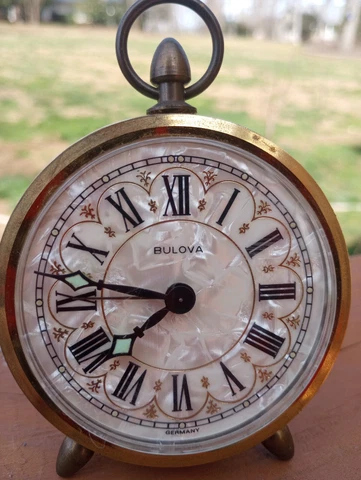 Vintage Bulova Mother of Pearl Alarm / Travel Clock Two Footed VGC  *Works* Cover