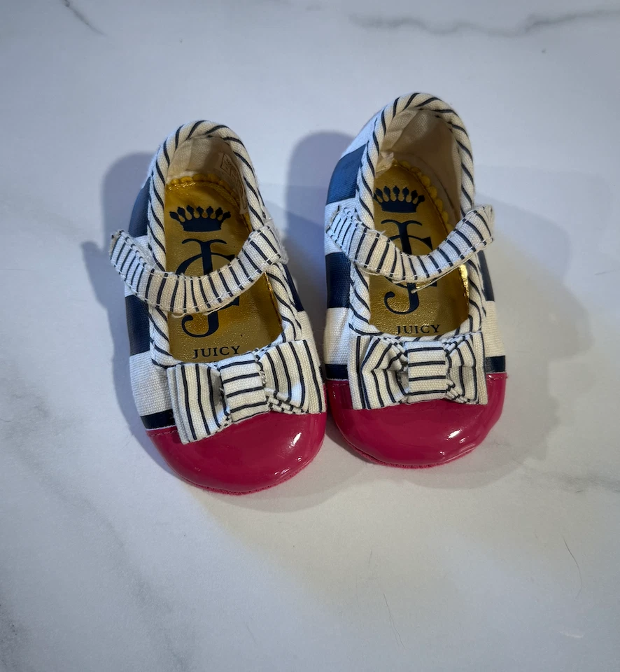 Zapatos Juicy Couture Bebé Niña Talla 3 Azul Marino y Blanco Rayas con Lazo y Rosa Foto 1 de 4