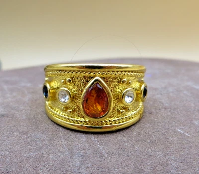 Nuevo Anillo Banda Ancha Tono Dorado Piedras Circonita Azul Lágrima Roja Talla 7 #940 Foto 1 de 4