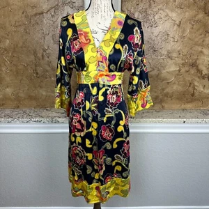 Trina Turk Silk Blend Kimono Dress Womens 2 V-Neck Floral Bohemian Chic USA - Picture 1 of 11