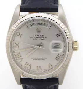 Reloj Rolex Day-Date 18039 para hombre oro blanco liso 18K esfera romana plateada negro - Imagen 1 de 7