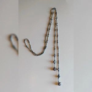 Collana di perle Bolo Lariat Bolo Flapper cristallo effetto ematite sfaccettato grigio argento - Foto 1 di 3