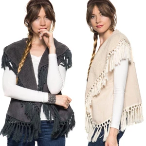 She + Sky Womens Ivory Charcoal Grey Suede Feel Shepra Lined Fringed Vest S M L - Picture 1 of 8