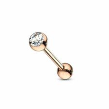 Tongue Barbell with Crystal Set Rose Gold IP Over Surgical Steel 14ga 