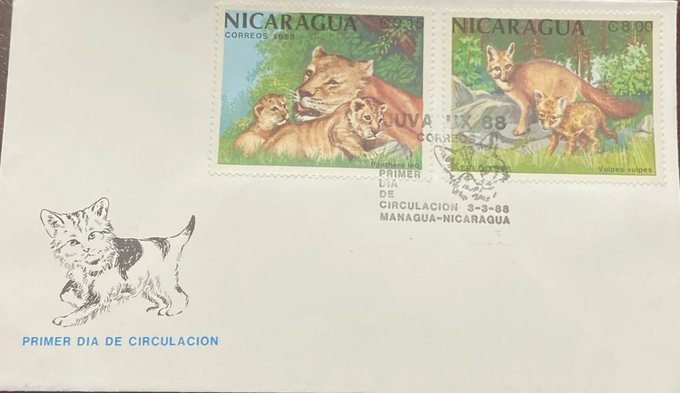 O) 1988 NICARAGUA, JUVALUX 1988, PANTHERA LEO, FOX VULPES VULPES, ANIMALES, FDC Foto 1 de 1
