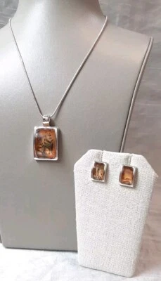 KENNETH COLE Rectangle Silvertone Iridescent Green Amber Necklace & Earring Set  - Image 1 of 4