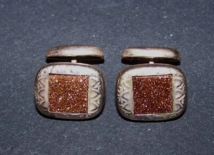 Antique 19th Century Victorian Gilt Brass Cufflinks Inset Goldstone - Picture 1 of 5