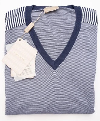 NUEVO CON ETIQUETAS CRUCIANI Suéter Azul Rayas Algodón Ligero Calce Ajustado Cuello en V L (EU 52) Foto 1 de 4