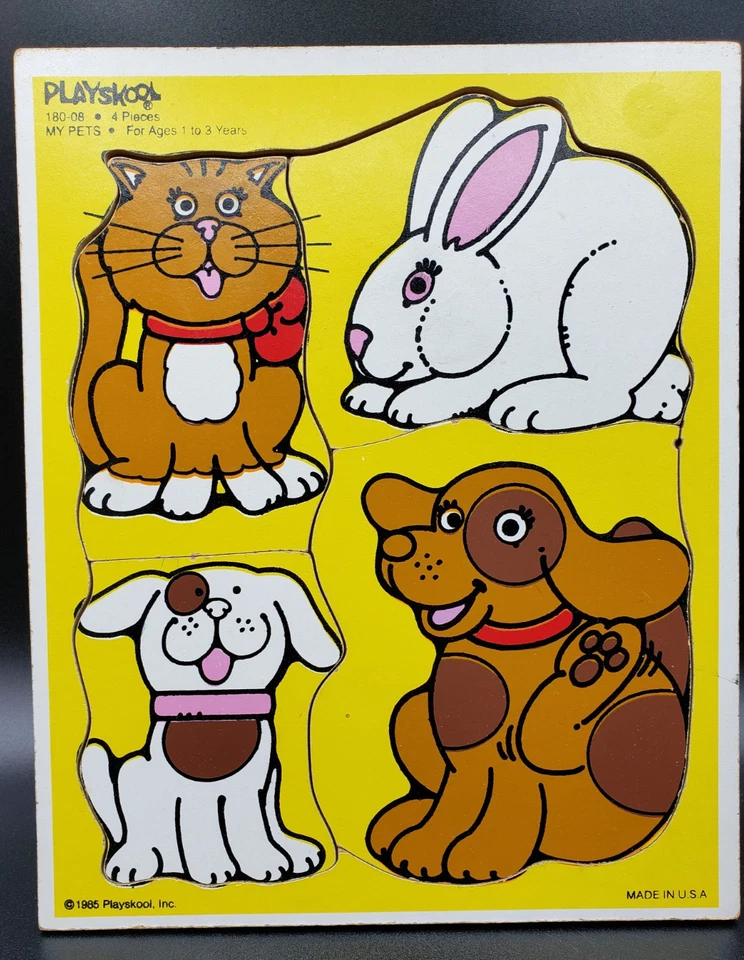 Vtg 1985 Playskool "My Pets" 4 pcs Wooden Tray Puzzle #180-08 Pre-Owned - Image 1 of 4