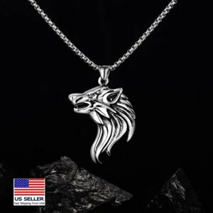 MEN Stainless Steel Vintage Viking Lucky Wolf Head Pendant Necklace 24" 1082 - Picture 1 of 4