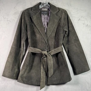 Express Mantel Damen S olivgrün Wildleder Lederjacke mit Gürtel gefüttert erdig Y2K - Bild 1 von 13