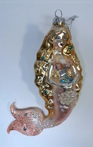 Vintage MERMAID BLOWN GLASS CHRISTMAS ORNAMENT Pink Gold & Blue 5.75" Tall - Picture 1 of 6