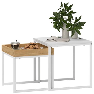 HOMCOM Modern Coffee Table Set Square Nest of Tables for Small Space White - Image 1 of 4