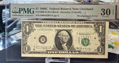 $1 1969-C  FRN Misaligned Erro  + Second Print Misaligned - Image 1 of 4