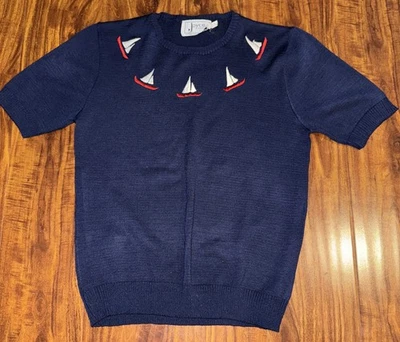 Vtg Joyce Sportswear Sweater Navy Stitched Sailboats Crewneck Women’s Sz L - Image 1 of 4