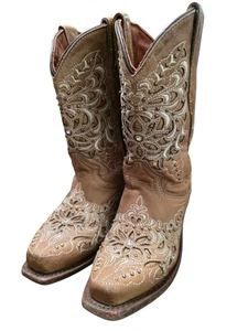 Texas Country Toddler Girls Brown Leather Cowboy Boots Size 9 Western Style Cute - Picture 1 of 19