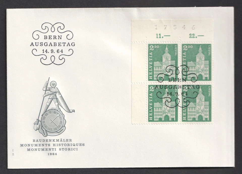 Switzerland 1964 Liestal Architecture Corner Block of 4 FDC Bern First Day Cover - Image 1 of 1