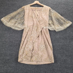 Hello Molly Dress Womens Medium Nude Gold Sequin Mesh Cape Sleeve Wrap Mini - Picture 1 of 12